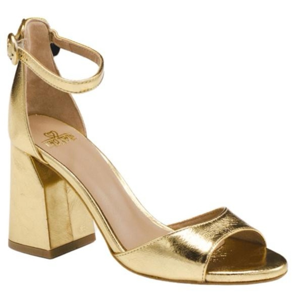 Two Twin Hearts Kristy Ankle Strap Block Heel In Gold